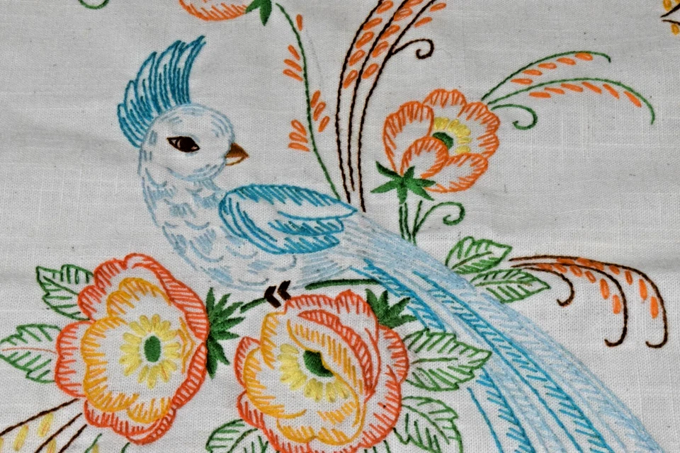 Vintage Linen Wall Tapestry 60s Colorful Embroidered Fancy Bird 17 X 13.5 Inches - Image 4 of 4
