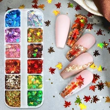 12 Grids Autumn Maple Leaf Nail Art Sequins Glitter 3D Nail Flakes Stickers Tips