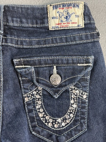True Religion Straight Jeans Womens 26 Dark Wash Blue Low Rise Rhinestone Flap