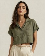 Mi Amour Green Cropped Button-Up Top Short Sl...