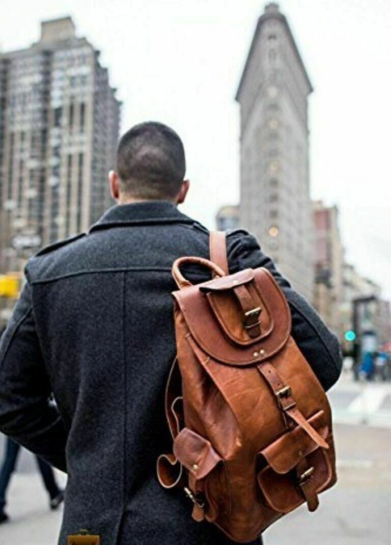 Men's Rucksack New Genuine Backpack Leather Bag Travel Brown Bag