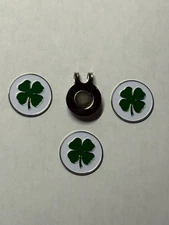 (3) 4-Leaf Clover Good Luck Irish 1" Coin Style Golf Markers With Bonus Hat Clip