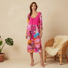 Artsy Midi Dress Multi Abstract Fine Knit Shift Sleeve Tie Waist Stretch T5