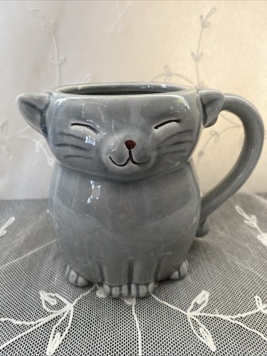 Pier 1 Imports Steinzeug 4,5" grüne schielende Augen Katze Becher