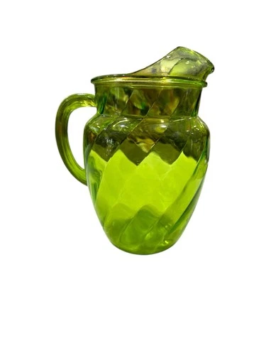 Vintage Anchor Hocking MCM Avocado Green Glass Diamond Swirl Pitcher Ice Lip