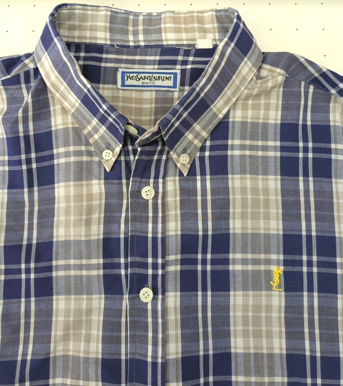 Camicia vintage anni 80 Yves Saint Laurent YSL blu check manica corta uomo XL OTTIME CONDIZIONI