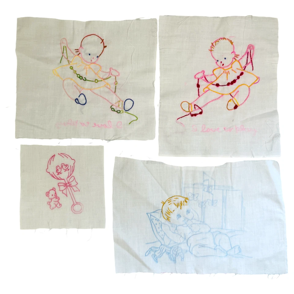 Vintage Stamped Quilt Blocks Lot of 12 Some Started Embroidery Baby Nursery MCM - Image 2 of 4