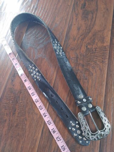Retro Y2K distressed black leather bejeweled belt… - image 1