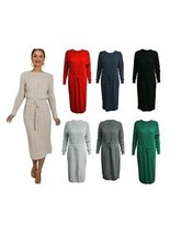 Women Ladies Cable Knitted Pocket Long Sleeve Tie Up Midi Party Jumper Dress Top