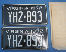 New Unused  Pair 1972 Virginia License Plates DMV clear for YOM