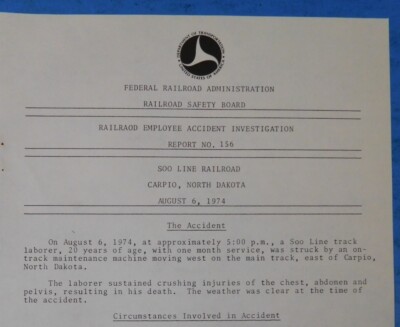 Railroad Employee Accident Investigation Report #156 SOO Line Carpio ND 1974