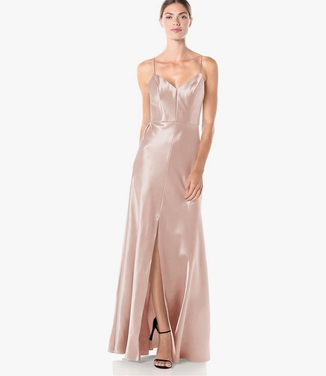 NWT Jenny Yoo Women's Dina Thin Strap V Neck a Line Satin Back Crepe Long  Gown 4 | eBay