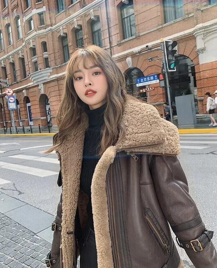 Women's Brown B3 Shearling Bomber Jacket with Double Collar Sheepskin Leather Coat