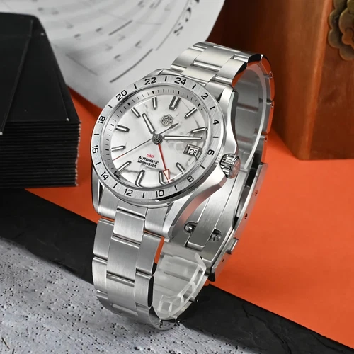 SAN MARTIN SN0129-G-B GMT Automatic Gemstone Dial Date Display 39mm 10ATM Watch - Picture 11 of 44