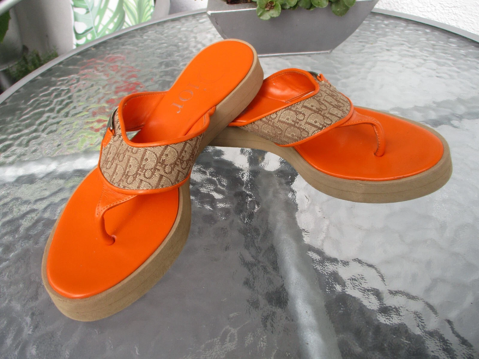 Sandales DIOR tongs pince cuir orange + tissu UE taille 36