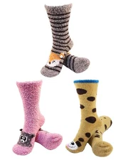 Women's Fuzzy Cozy Warm Cute Animal Home Bed Cabin Socks - 3 Pair (Asst 02)
