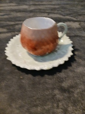 Antique French Barbotine Strawberry Cup And Saucer, Rare Find