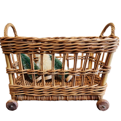 Vtg Wicker Roller Toy Basket Natural Rattan Reed Wood Wheels 19