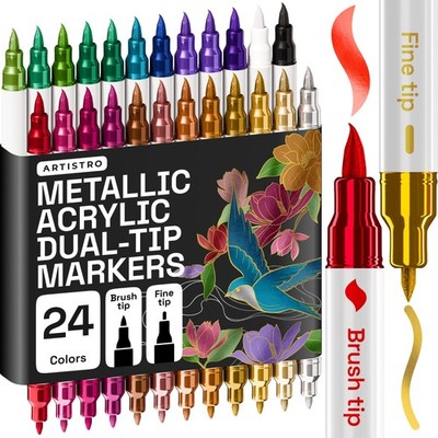 24 Metallic Acrylic Paint Markers - Paint Pens for Drawing, Brush + Fine Tips...