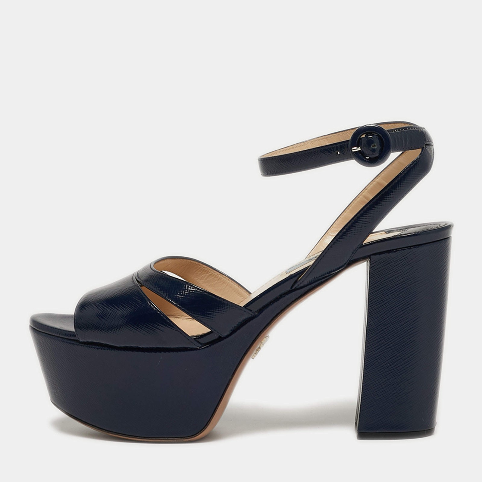 Prada Size 38.5 Navy Blue Patent Leather Platform Ankle Strap Sandals