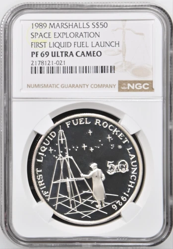 1989 Marshall Islands $50 First Liquid Fuel Rocket Launch Proof 69 NGC