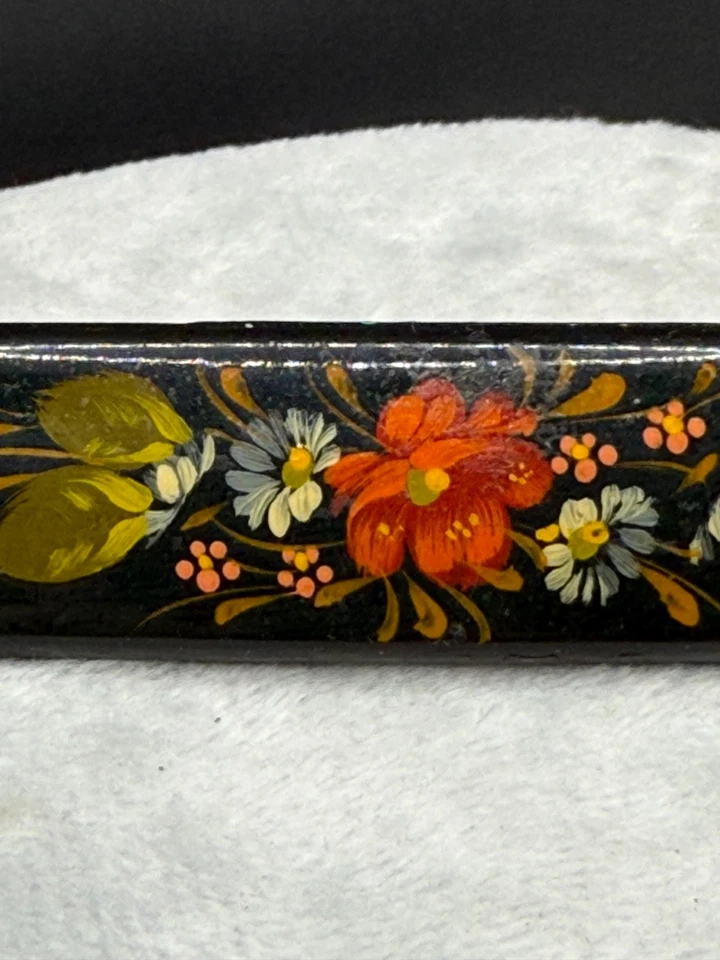 Grampo de cabelo vintage russo pintado à mão flores preto - Imagem 3 de 4