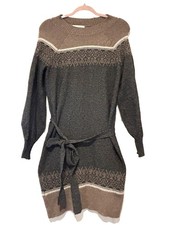 Lucky Brand sz M brown/black long sleeve faire isle sweater dress knee length BB