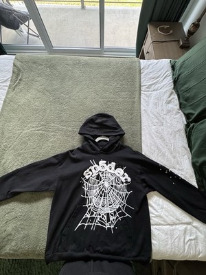sp5der Black Fleece Hoodie White Spider Web Graphic Print Pullover