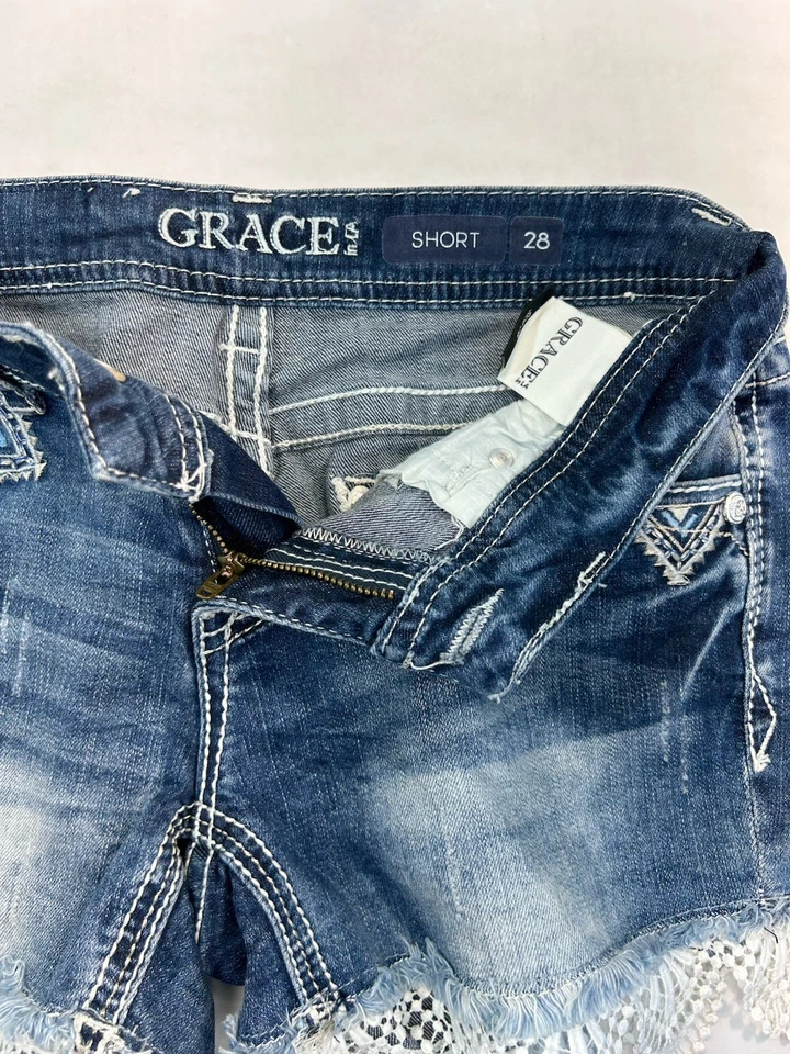 Pantalones Cortos Denim Grace in LA Embellecidos Blanco Encaje Volantes - Talla 28 Foto 4 de 4