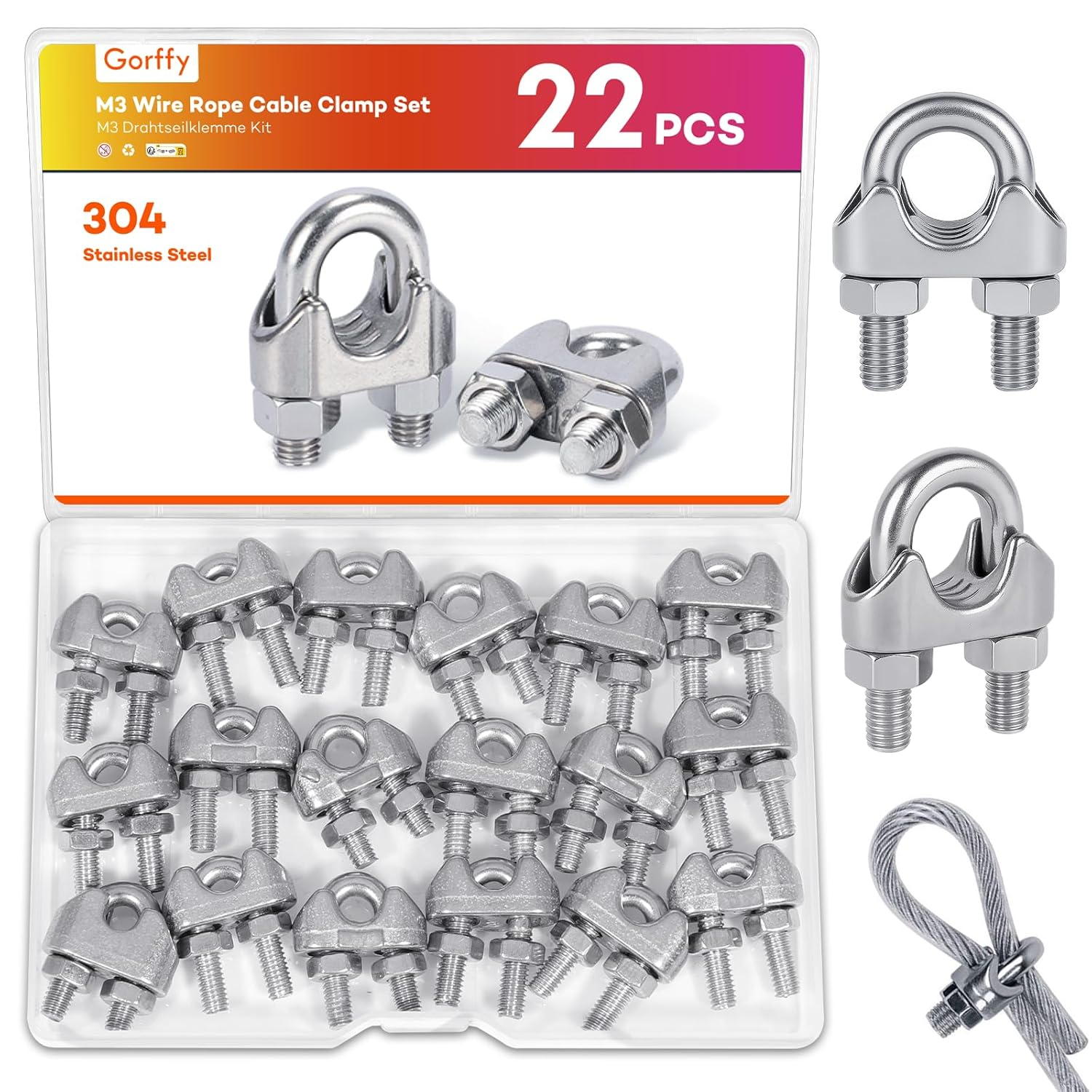 22Pcs M3 Wire Rope Cable Clamps Stainless Steel U Bolt Clip Set 3mm Grip Kit