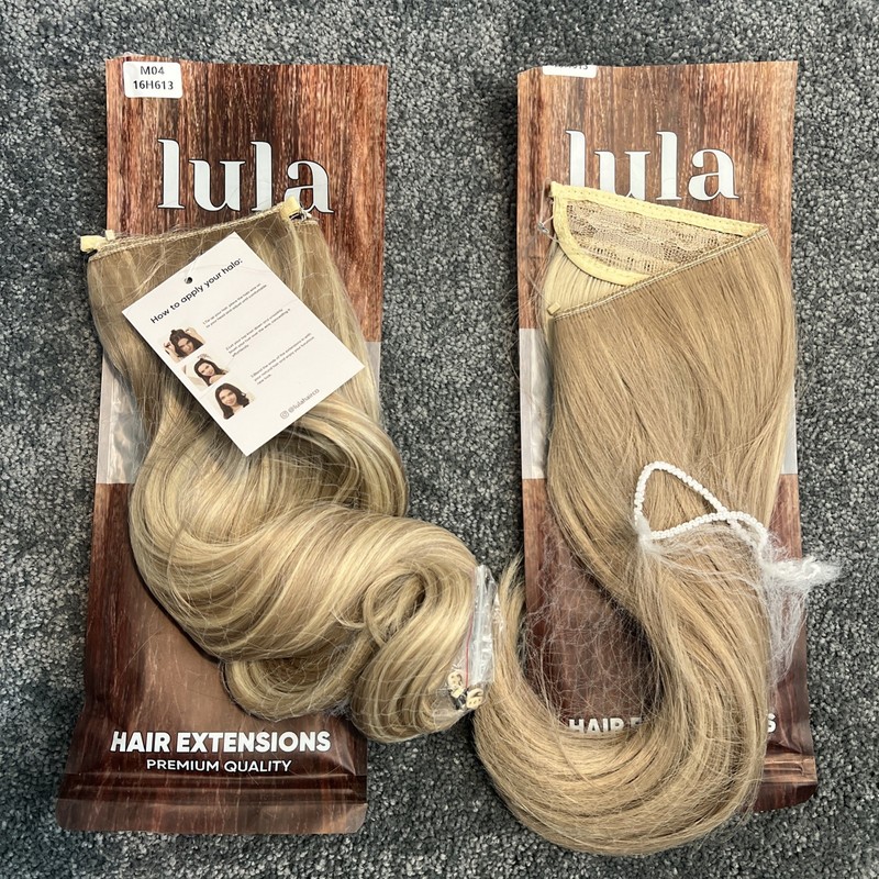 Lula Beach Blond Halo Hair Extensions-set of two~ 14” wavy & straight ~ new