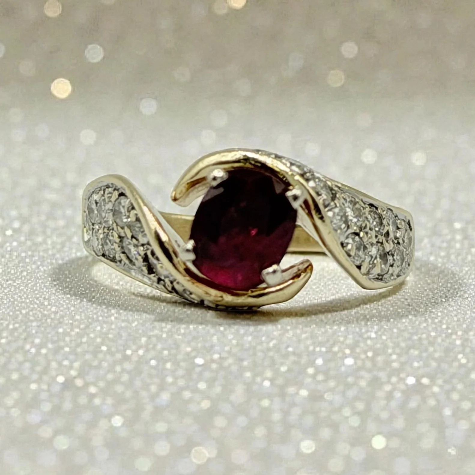 Solid 14K Yellow Gold Ruby Ring with 24 Diamond A… - image 1
