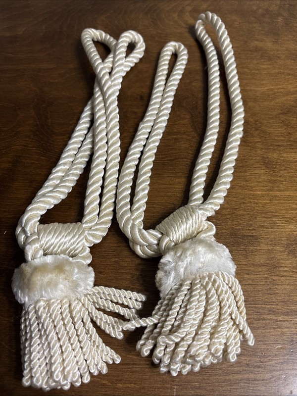 Vintage Off-White Satin Rope Curtain Drapery Tiebacks with Tassels Set Of 2