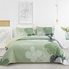 Floral Quilt Set Queen Size Sage Green Botanical Bedspreads Bedding Set 3 Pieces