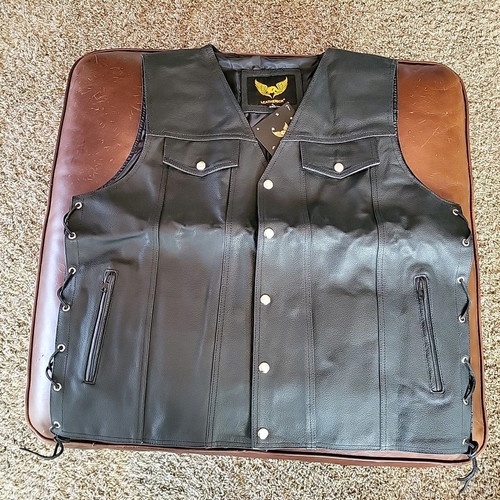 New Leatherick Vest Mens 3XL Black Side Lace Biker Motorcycle Concealed Pockets