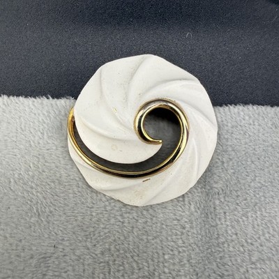 Vintage Torino Brooch Gold Tone White Enamel Signed READ