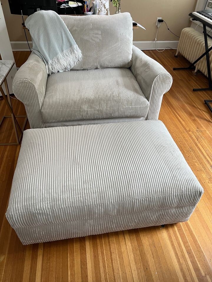 RARELY USED, BEAUTIFUL, CUSTOM TAUPE CHAIR-AND-A-HALF PLUS O