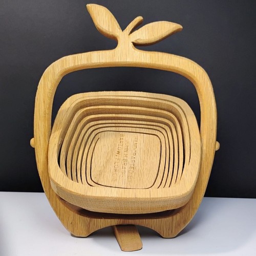 Vtg Basket Apple Shaped Tan Wooden Cut Collapsible Accent Fruit Holder Handmade - Picture 2 of 12