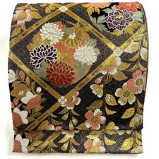Japanese Kimono, SILK Fukuro OBI,Rokutu,GLD thread,Foil,SAKURA/KIKU,L14' 3".4488