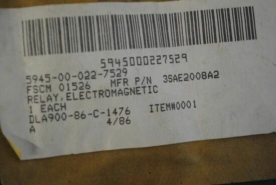 TYCO RELAY 3SAE2008A2 NSN: 5945-00-022-7529 552 OHM HERMETIC 8 PIN DPDT 2A NOS - Image 3 of 4