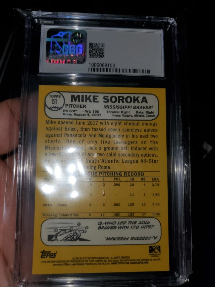 CSG 10 RARE PRISTINE 💎Mint~Mike Soroka Rookie 2017 Topps Heritage Minors Braves - Image 3 of 4