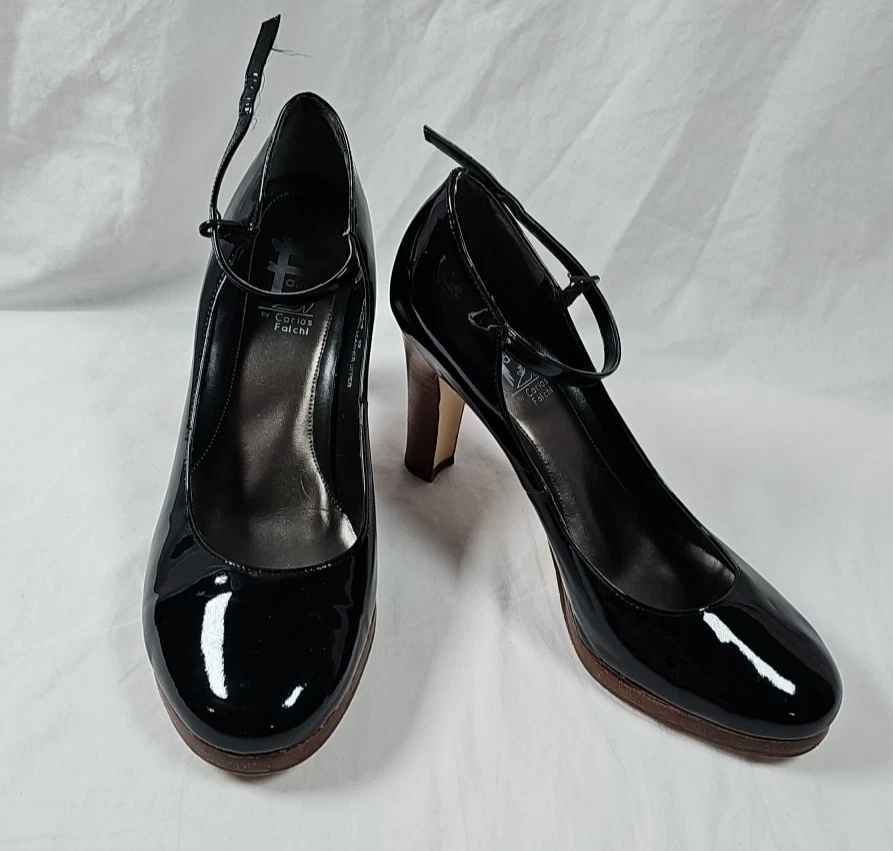 Falchi charol negro puntera redonda Mary Jane Pump tacón talla 9/39 Foto 2 de 4