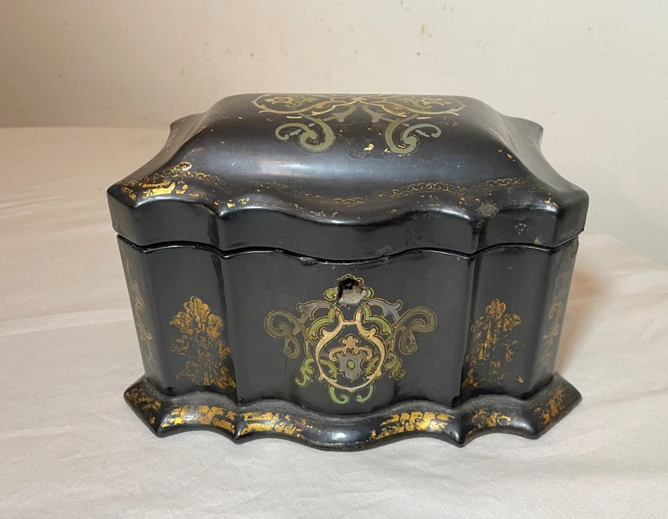 caixa de chá antiga de madeira francesa lacada dourada feita à mão do século XIX - Imagem 2 de 4