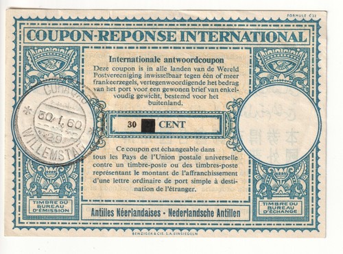 International Reply Coupon Netherlands Antilles Curacao 1960 30 