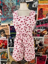 Vintage 70s Butterfly Polka Dot Square Neck Belted Sleeveless Romper Playsuit