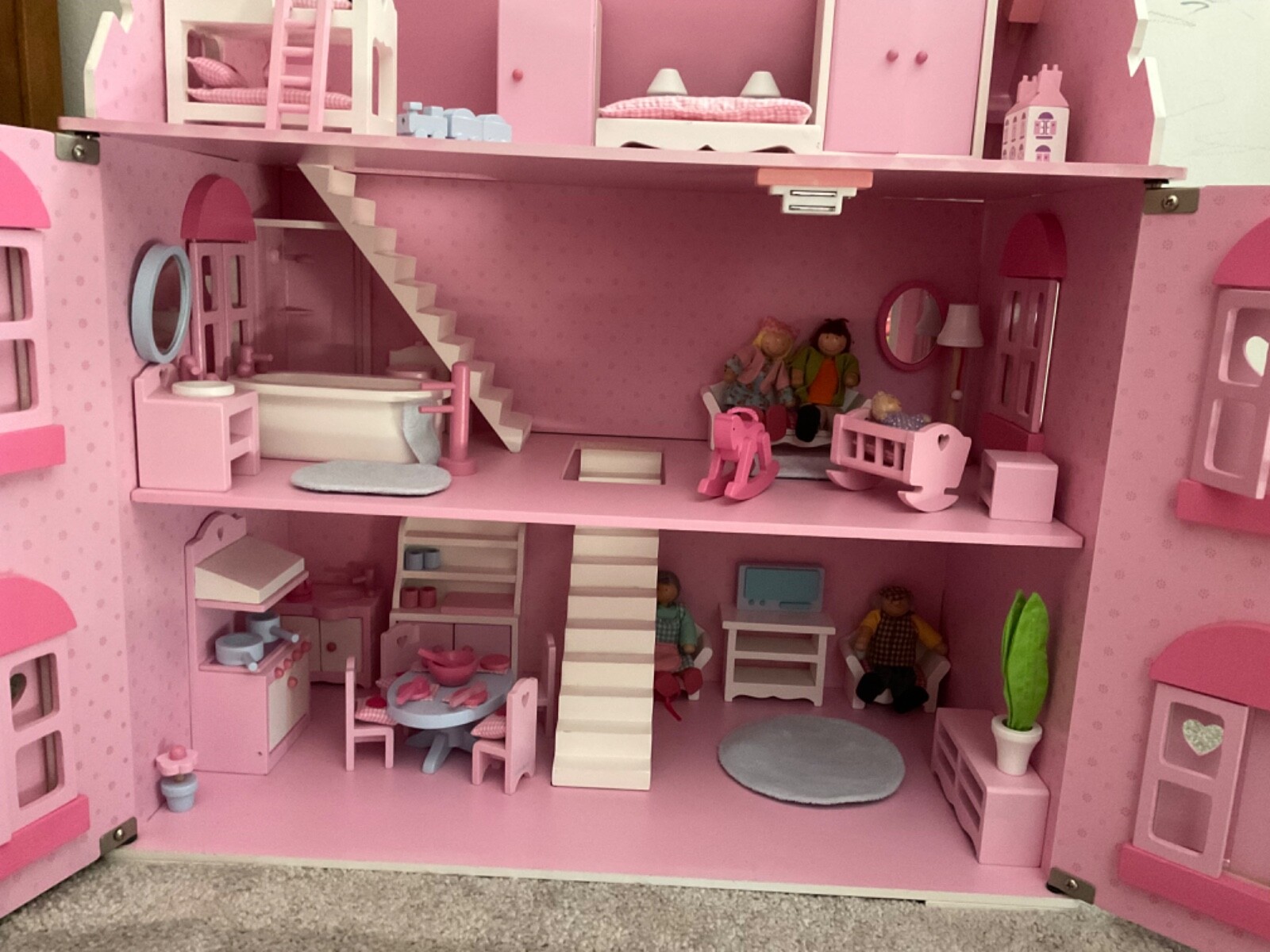 ELC Wooden Dolls House With Furniture And Dolls eBay