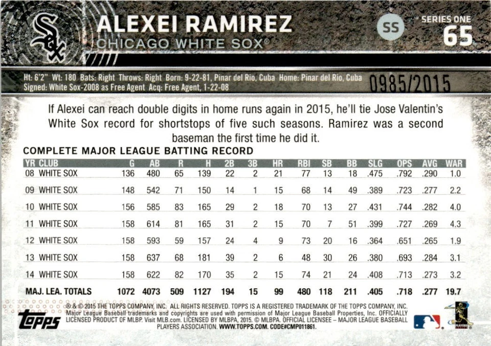 Alexei Ramírez Chicago White Sox 2015 Topps Gold #/2015 65 Foto 2 de 2