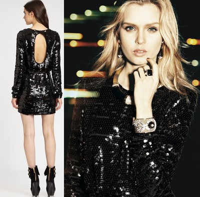 rachel zoe black sequin dress $451 Rachel Zoe Black Sequined Selita Dress opened back long sleeves US4  Small
