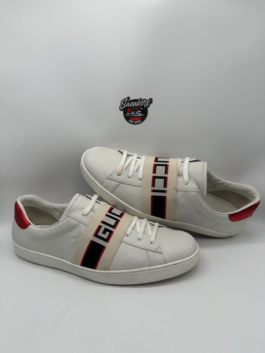 Gucci Ace White Stripe Leather Monogram Logo Strap Men's Sneaker