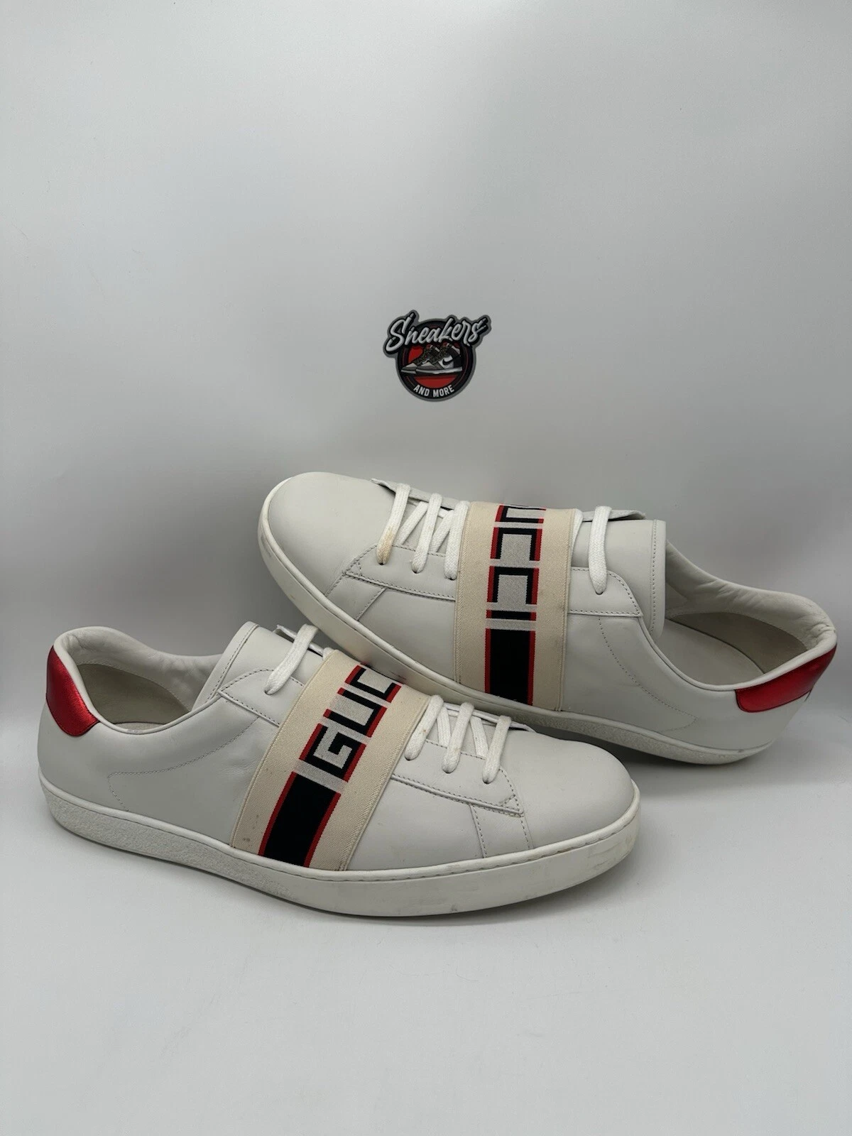 Baskets homme Gucci Ace blanc rayé cuir monogramme logo sangle taille 15G 15,5